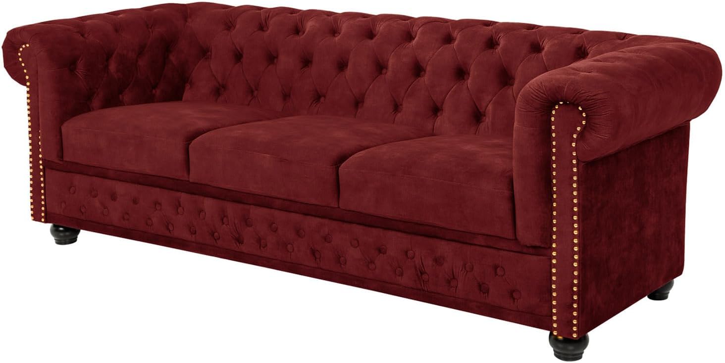 Riess Ambiente Barock Sofa Chesterfield 205cm - rot - Samt Federkern Knopfheftung 3-Sitzer-Couch Wohnzimmer Retro