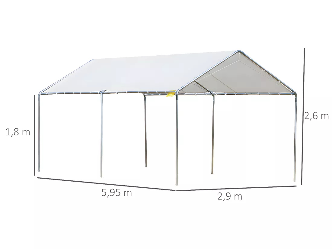Carport auvent pour voiture 5,95L x 2,90l x 2,60H m acier galvanisé robuste PE haute densité blanc
