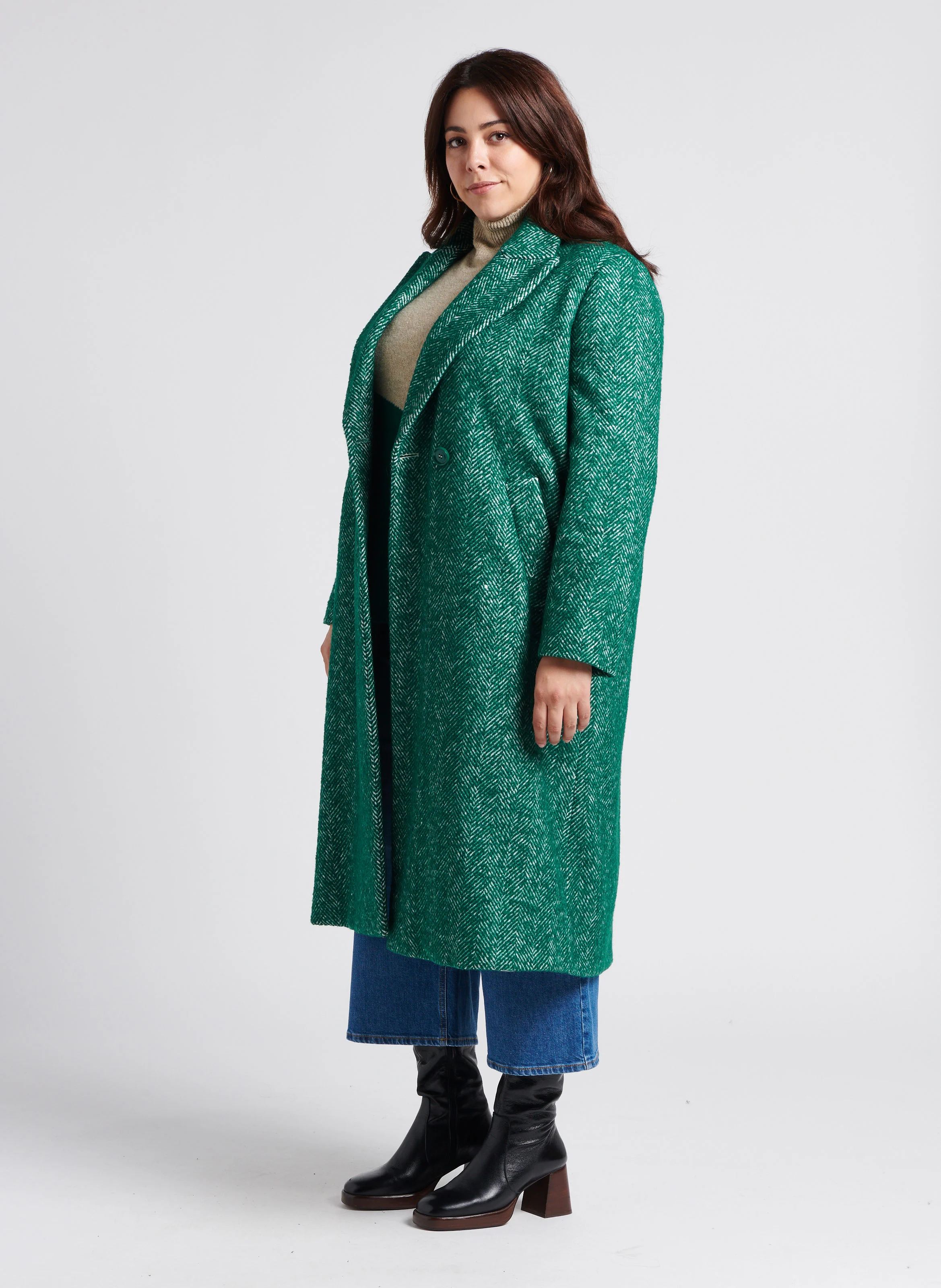 TIMO - Manteau long col tailleur à chevrons en maille mélangée | Blanc