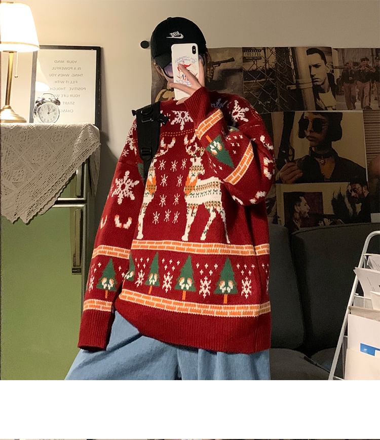 Dubbelwit - Unisex lange mouwen hertenprint losse kersttrui