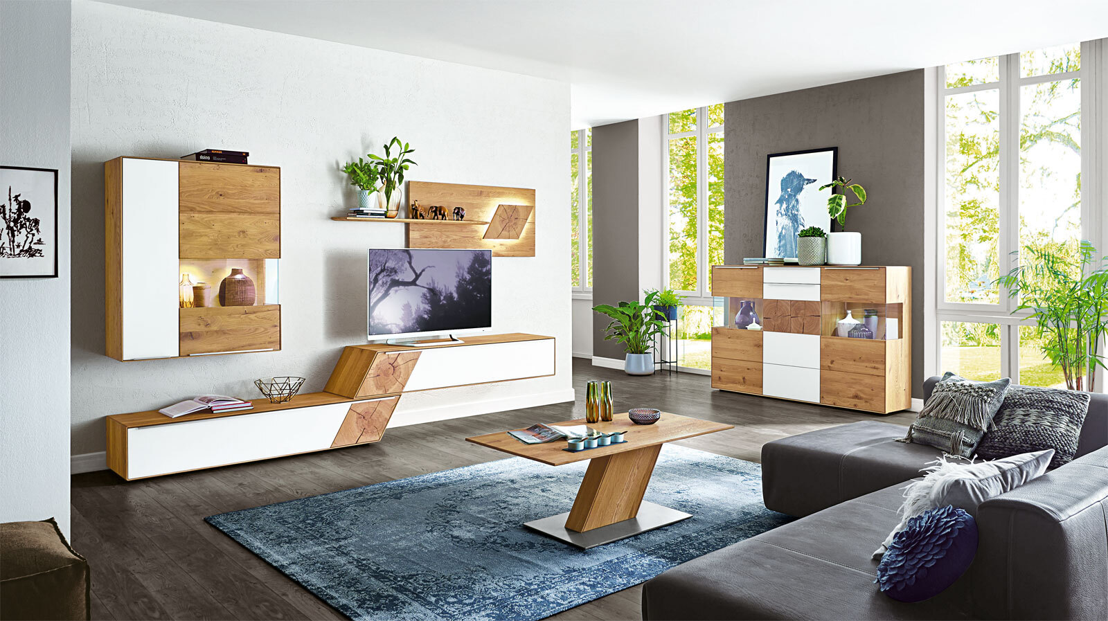 VALMONDO Wohnwand TALVERA Asteiche massiv /Optikwhite