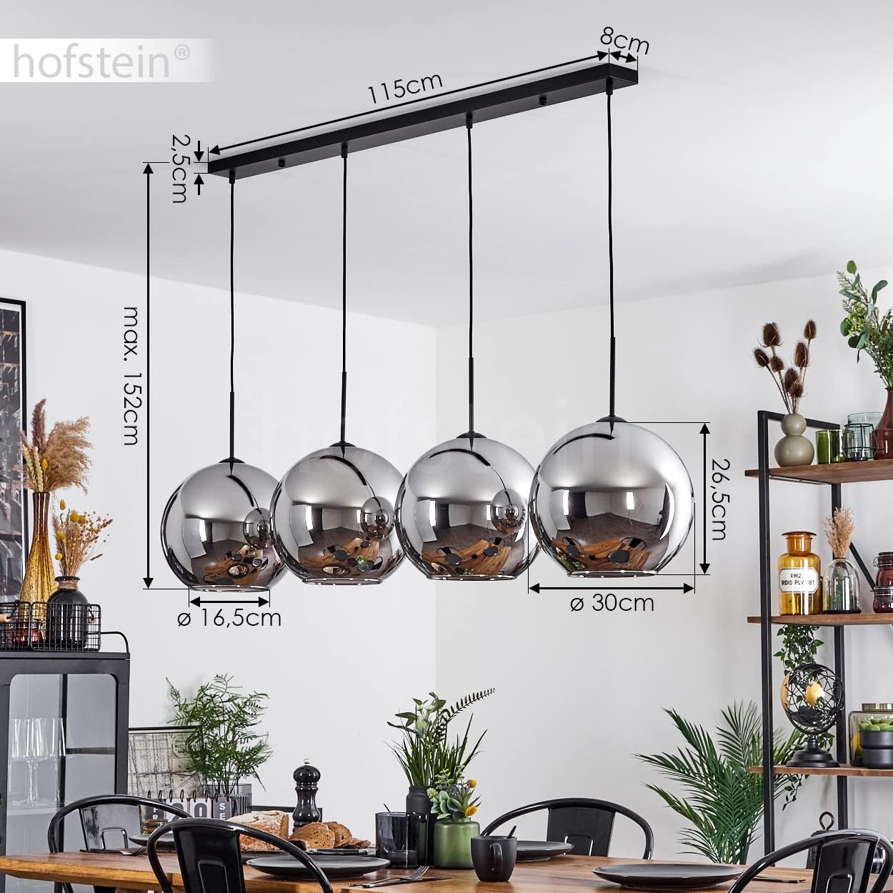Hängeleuchte Koyoto, Hängelampe aus Metall/Glas in Schwarz/Chromfarben, Leuchte 4-flammig im Vintage/Retro Design mit Schirmen aus Glas (Ø 30 cm), Höhe max. 152 cm, 4 x E27, ohne Leuchtmittel
