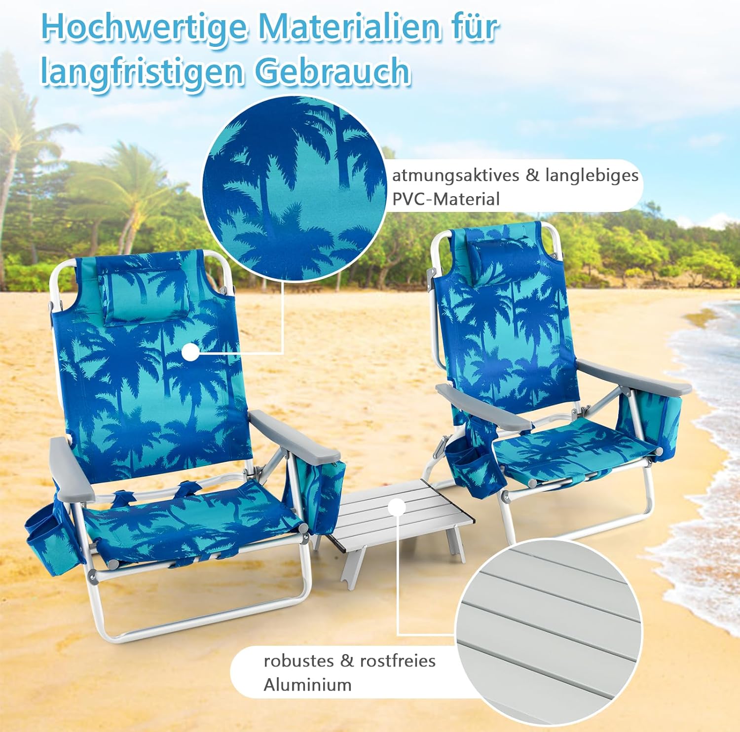 COSTWAY Strandstühle und Tisch Set, klappbare Campingstühle mit Verstellbarer Rückenlehne, Kopfstütze, Seitentaschen, Eisbeutel, Schultergurten & Armlehnen, Klappstühle leicht (Kokosnusspalme)