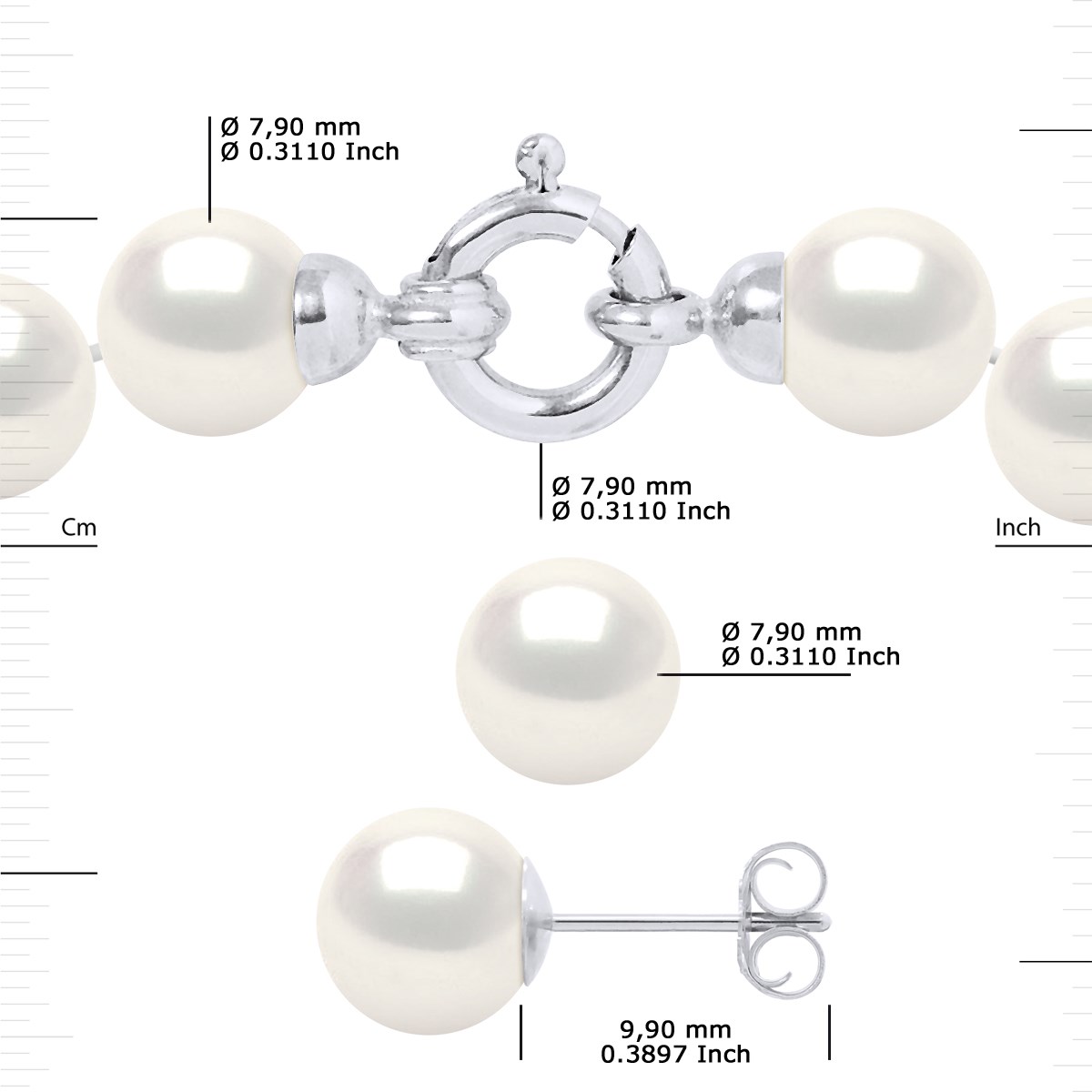 Parure Collier et Boucles d'Oreilles Perles d'Eau Douce 7-8 mm Or Blanc