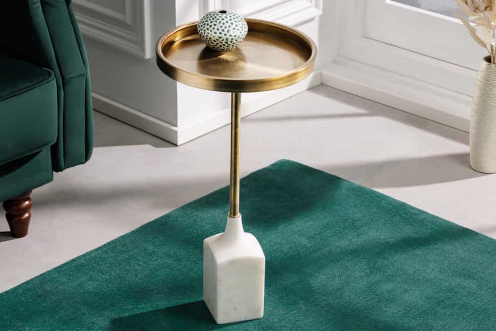 Design Beistelltisch TRAYFUL 60cm antik gold weißer Marmorfuß handmade rund