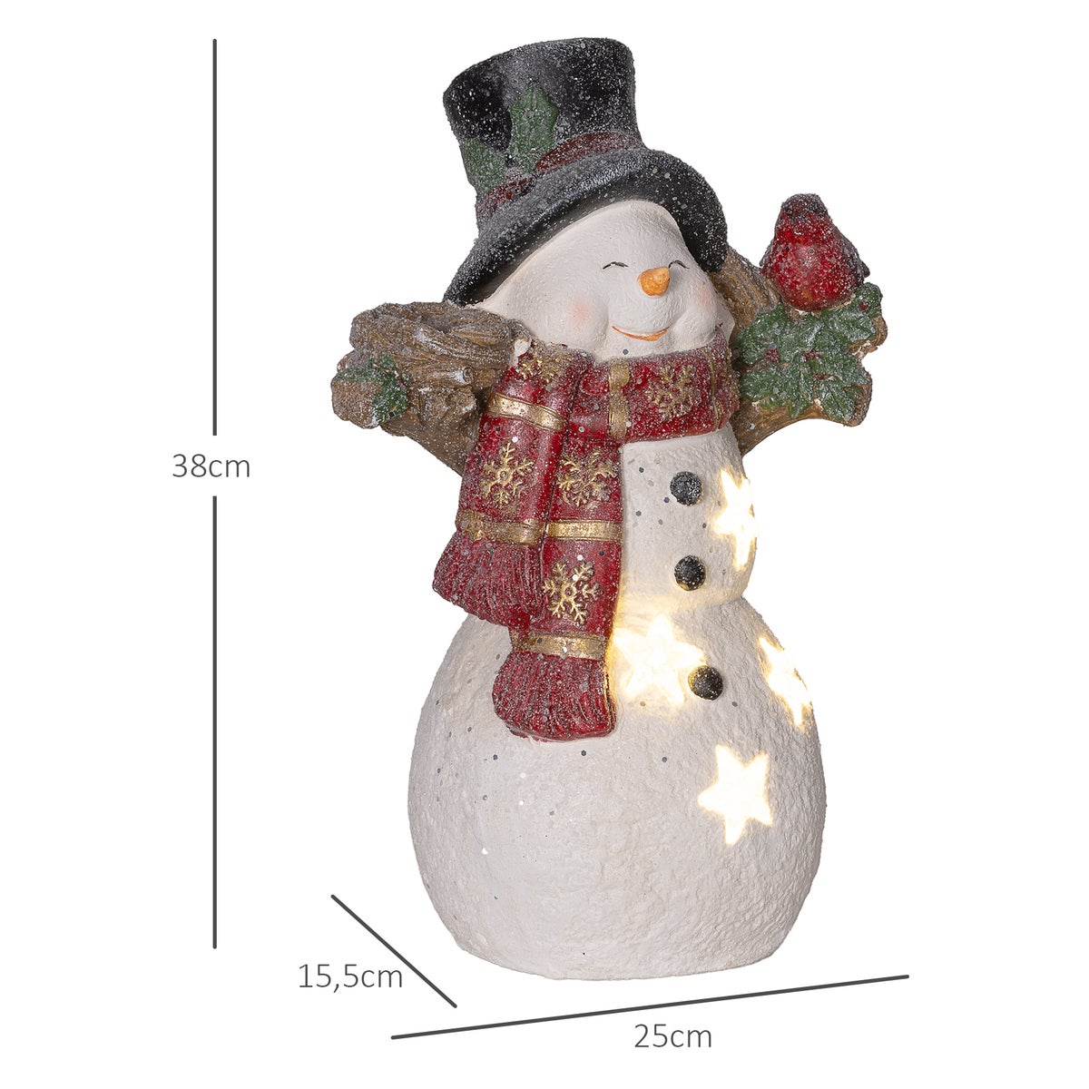 HOMCOM Kerstdecoratiefiguur, sneeuwpop met sjaals, mutsen en vogels, 38 cm Kerstfiguur met LED-licht, decoratief figuur voor Kerstmis, voor binnen en buiten