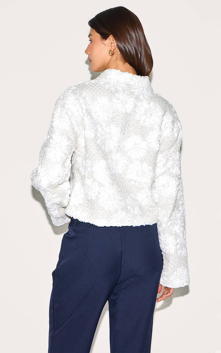 Blanc Veste Zippée Boxy À Détails Floraux