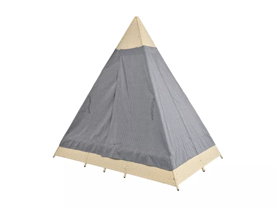 Salon de jardin pour 2 à 4 personnes, tente en rotin, rotin beige, rideau de porte gris, coussins amovibles et lavables