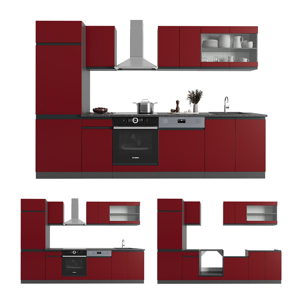 Vicco Küchenzeile Küchenblock Einbauküche R-Line J-Shape Anthrazit Rot 300 cm modern Küchenschränke Küchenmöbel