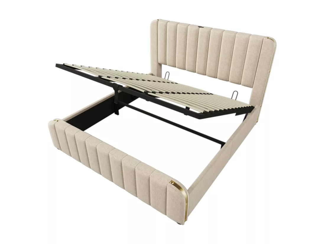 Lit adulte, lit rembourré 180*200 cm, avec garniture dorée et recharge USB Type-C, tissu en lin beige.