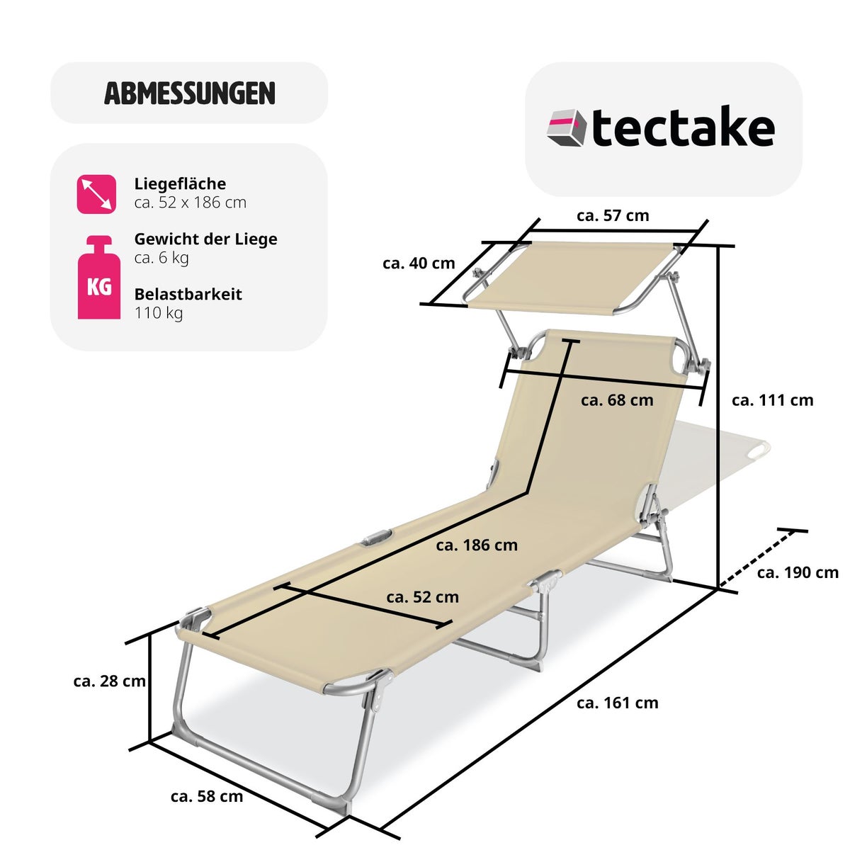 Set van 2 tuinligstoelen tectake opvouwbaar 190 x 68 x 28 cm