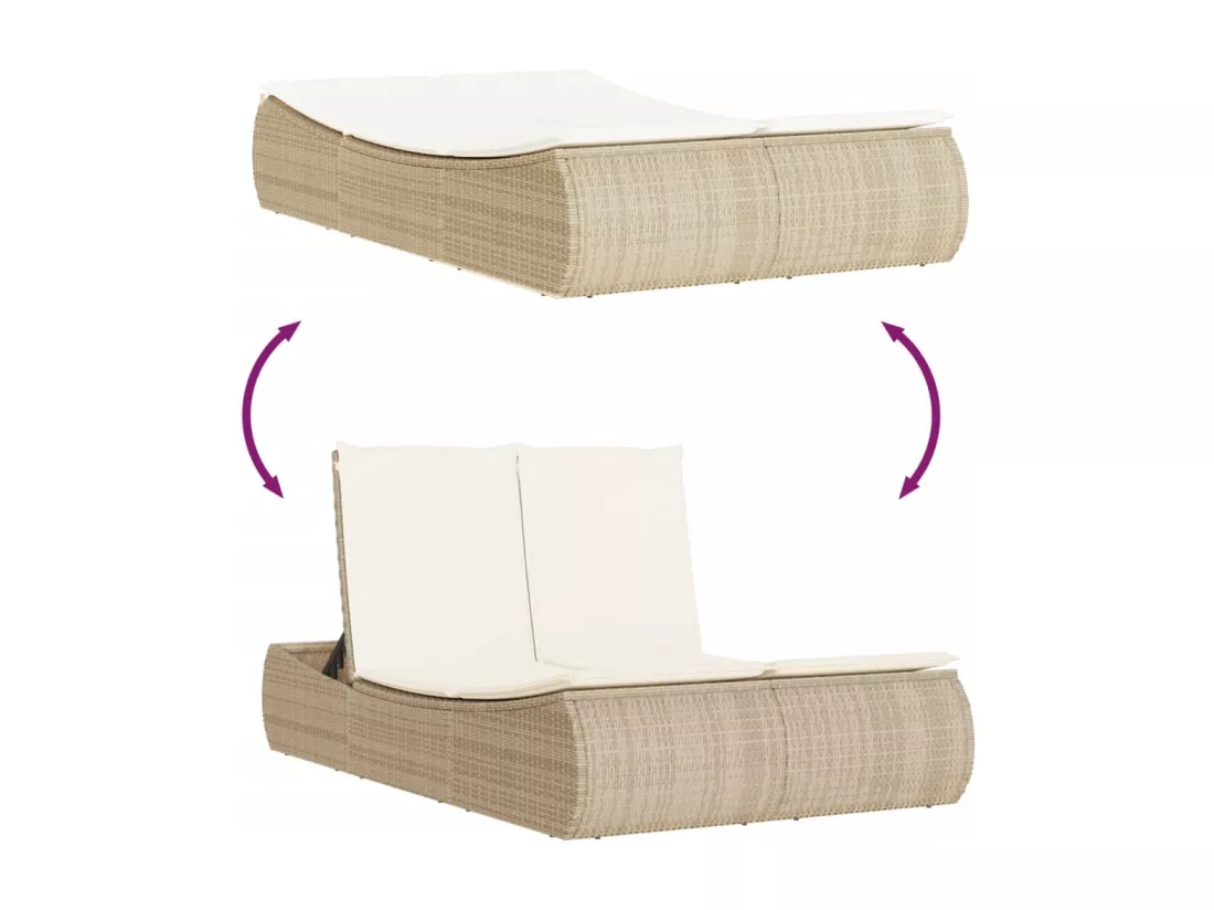 Chaise longue double avec coussins beige résine tressée