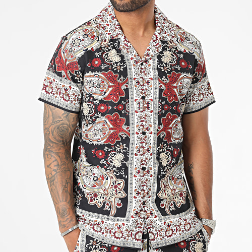 Ensemble Chemise Manches Courtes Et Short Jogging Noir Beige Floral