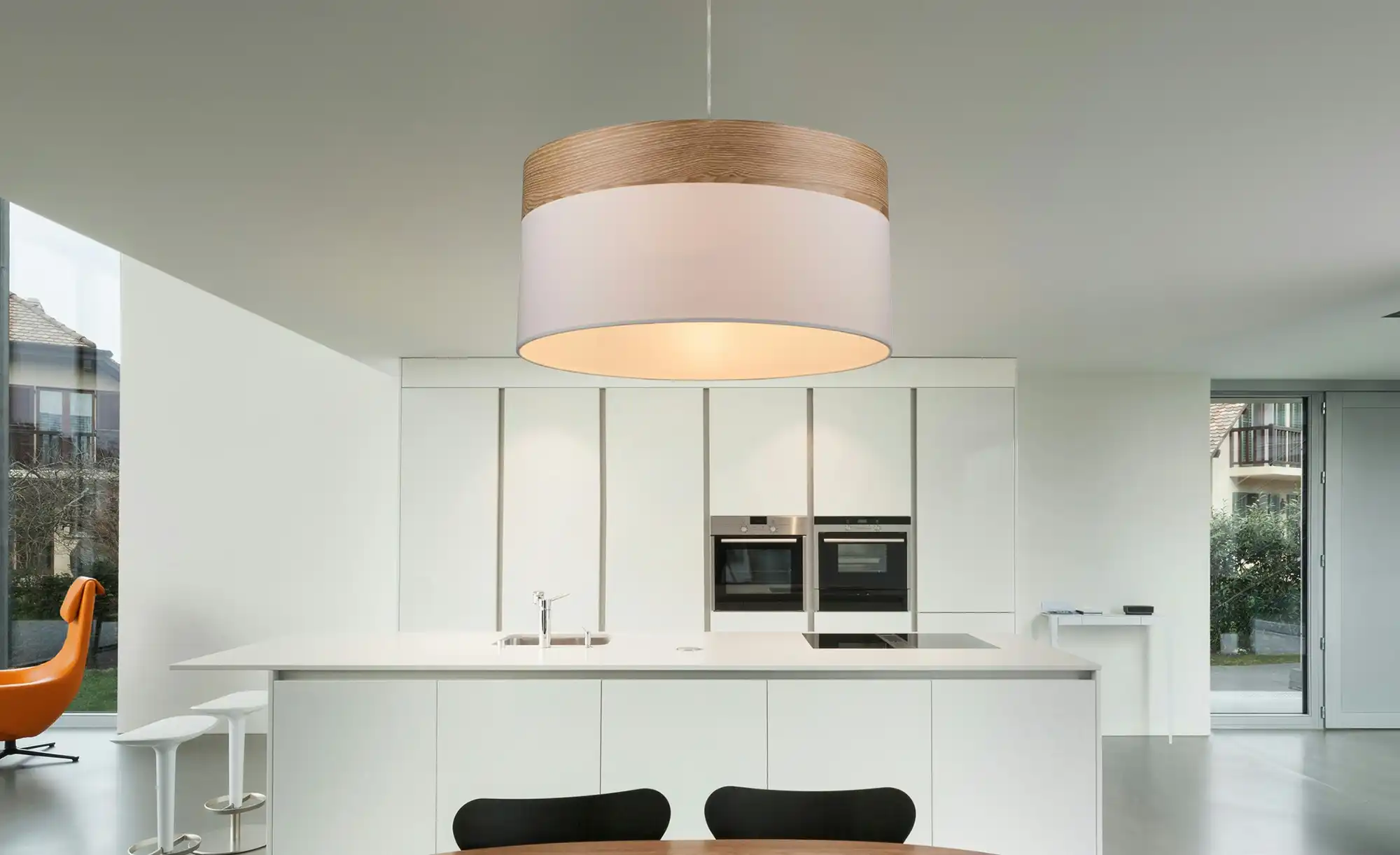 Pendelleuchte, 1-flammig, beige/Holzoptik