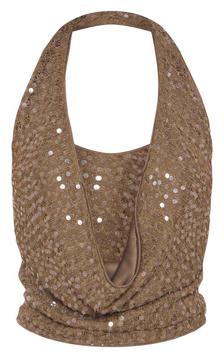 Kaki Haut Long Tricoté À Col Bénitier Et Sequins
