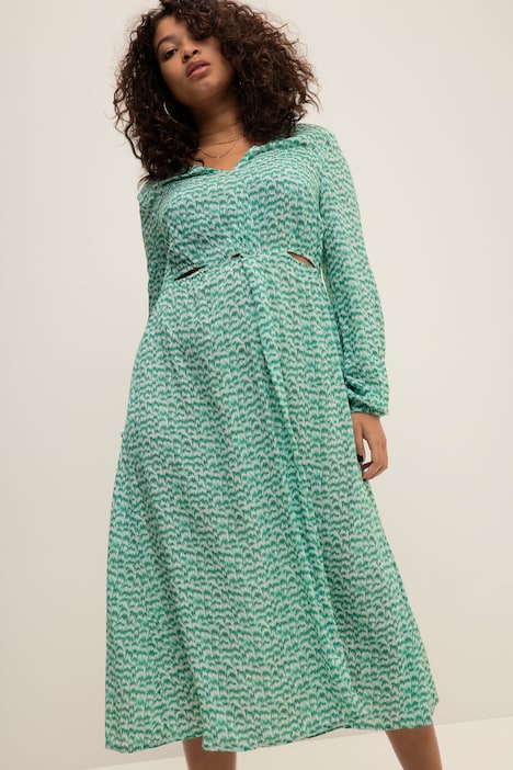 Midikleid, A-Line, V-Ausschnitt, Zierknoten, Langarm