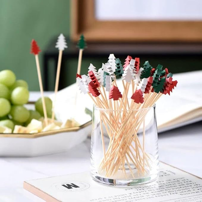 (100er Set) Cocktail Sticks Fingerfood Party Spiesse Deko Zahnstocher für Weihnachten / Winter - Tannenbaum