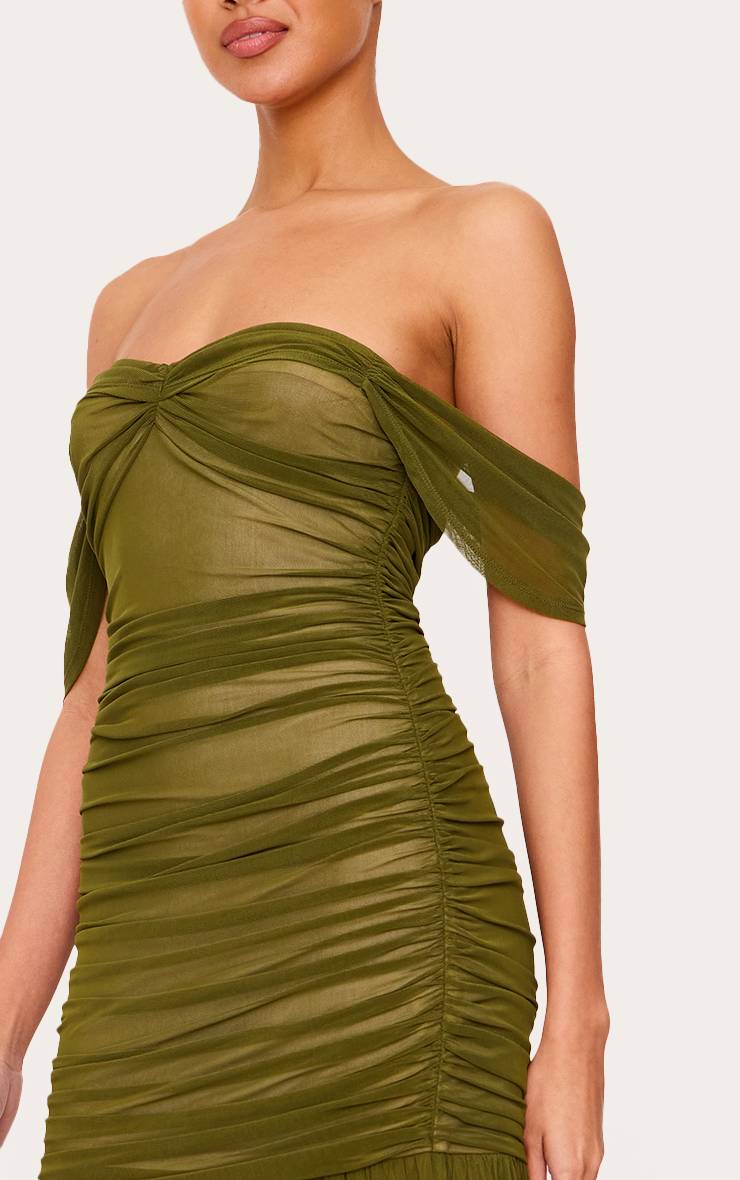 Vert Olive Robe Longue En Mesh À Épaules Dénudées Avec Détails Froncés