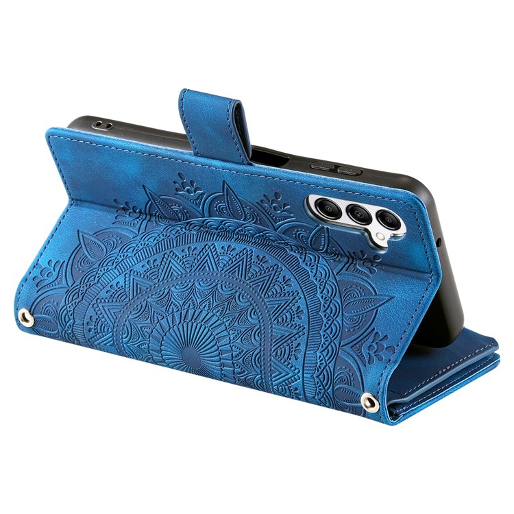 Samsung Galaxy A56 Leder Tasche Flip Cover mit Reissverschluss - Mandala Flowers Imprint - Blau