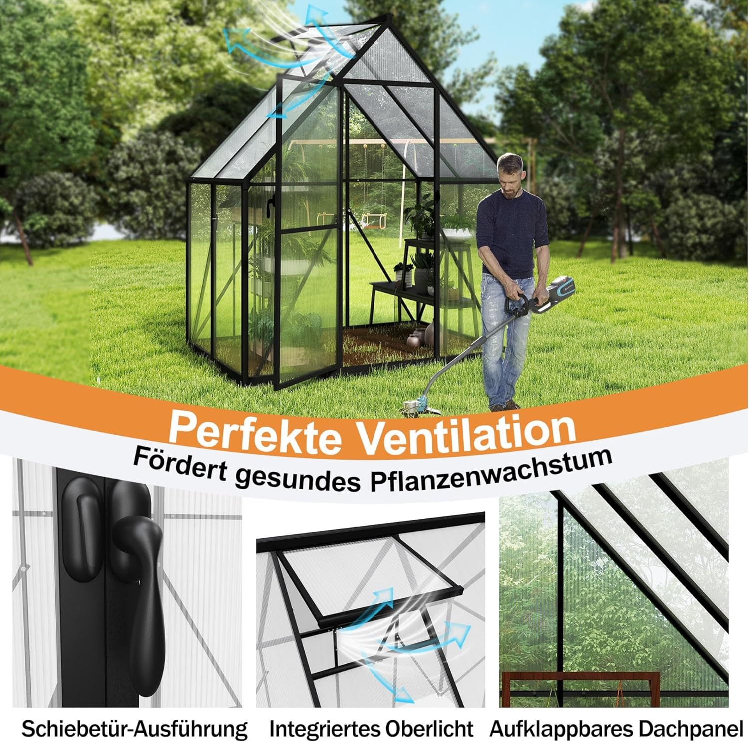 Premium Gewächshaus Aluminium 125x180x195cm 2.25m² Begehbares Garten-Gewächshaus mit verstärktem Fundament & Dachfenster & Tür Wetterfest & temperaturbeständig für Tomaten, Gemüse & Pflanzen