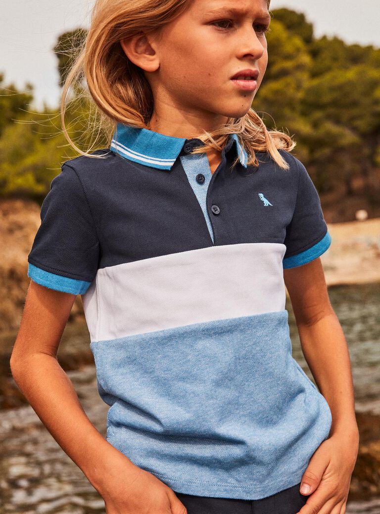 Polo tricolore à broderie dinosaure