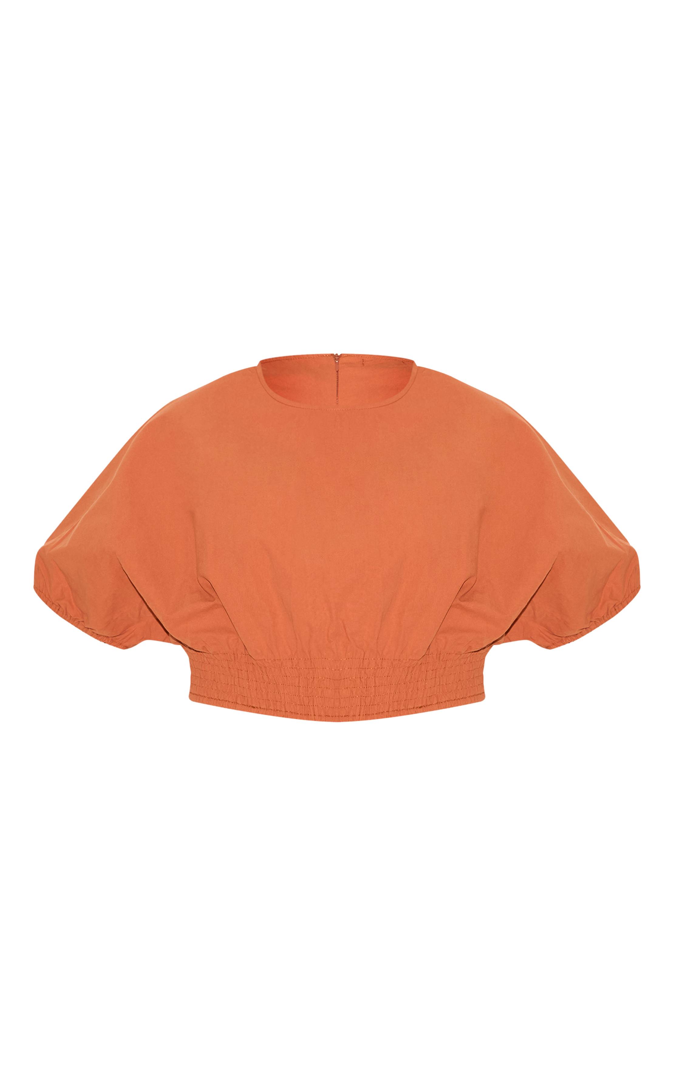 Orange Brûlé Top Court Taille Froncée Manches Courtes Ensemble Grande Taille