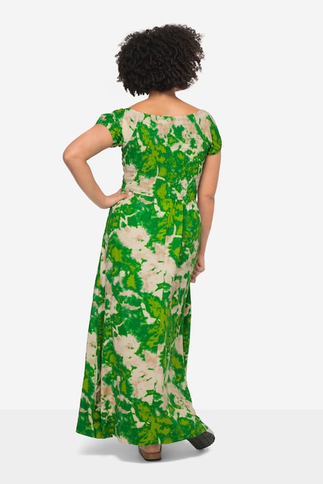 Jersey-Maxikleid, Alloverdruck, Runhdhals, gesmokte Büste, Halbarm