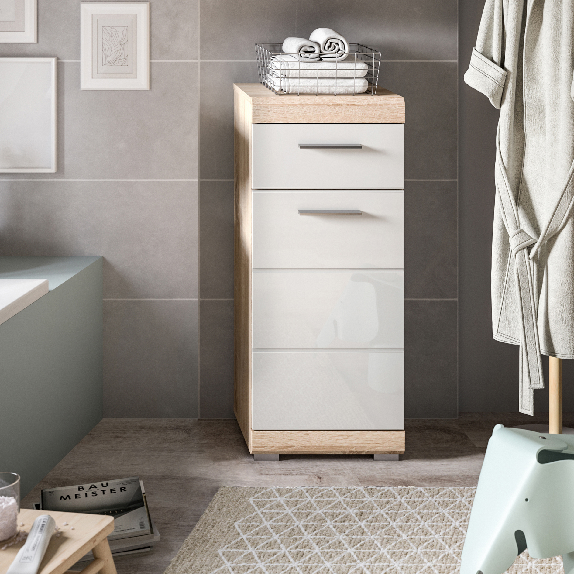 Standschrank LAMBADA - Sonoma Eiche-weiß Hochglanz - 37 cm