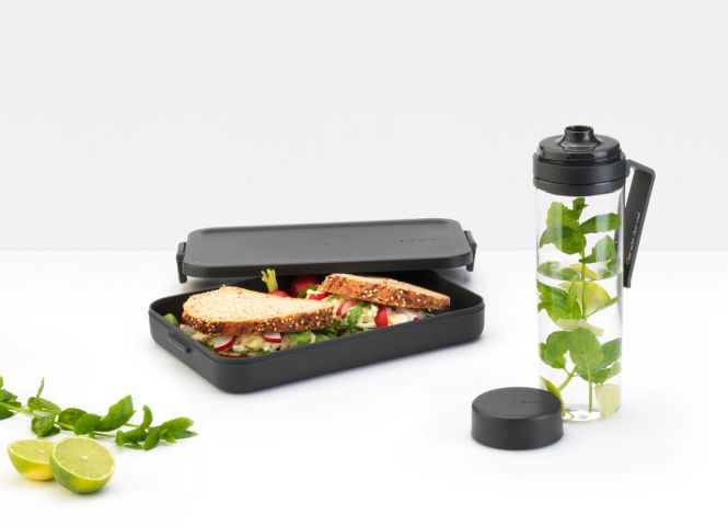 Make & Take Break Set 2-delig, kunststof (waterfles met zeef, lunchbox plat) - Dark Grey