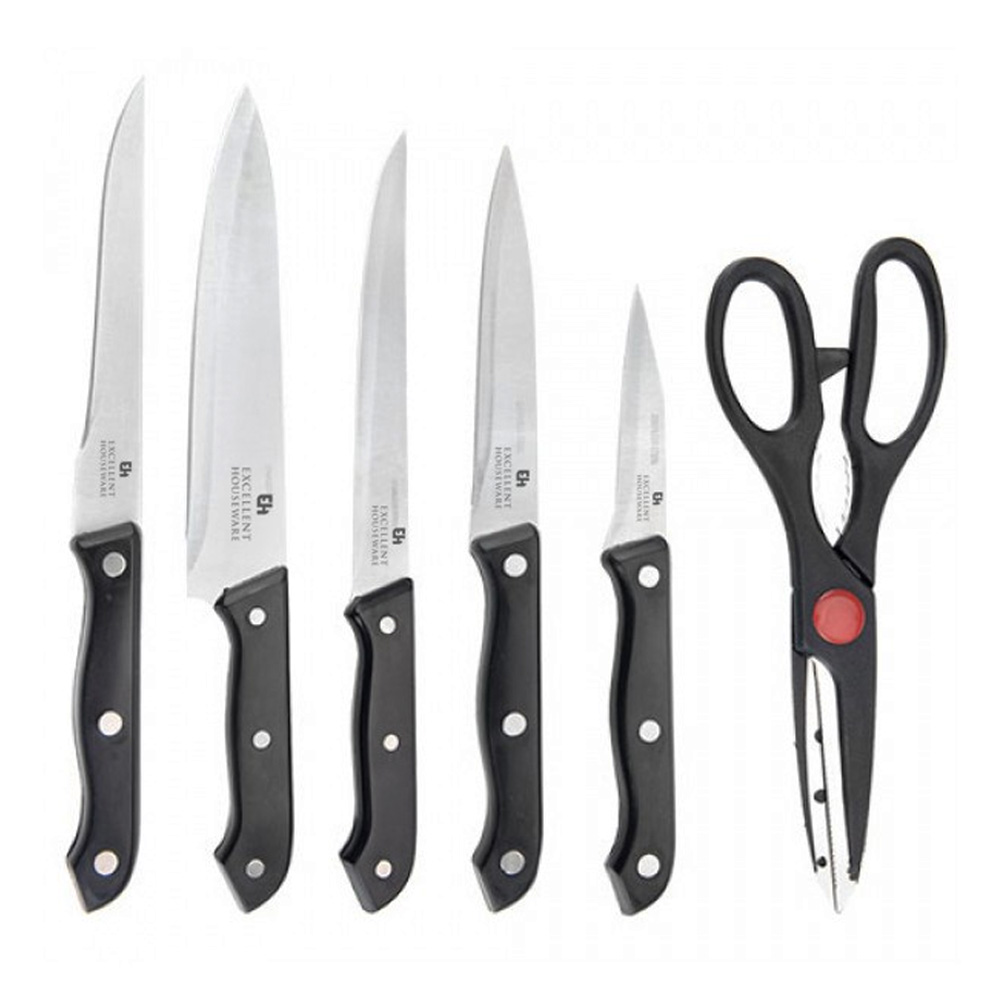 Set de 5 couteaux + ciseaux avec support en bois - 7 pièces