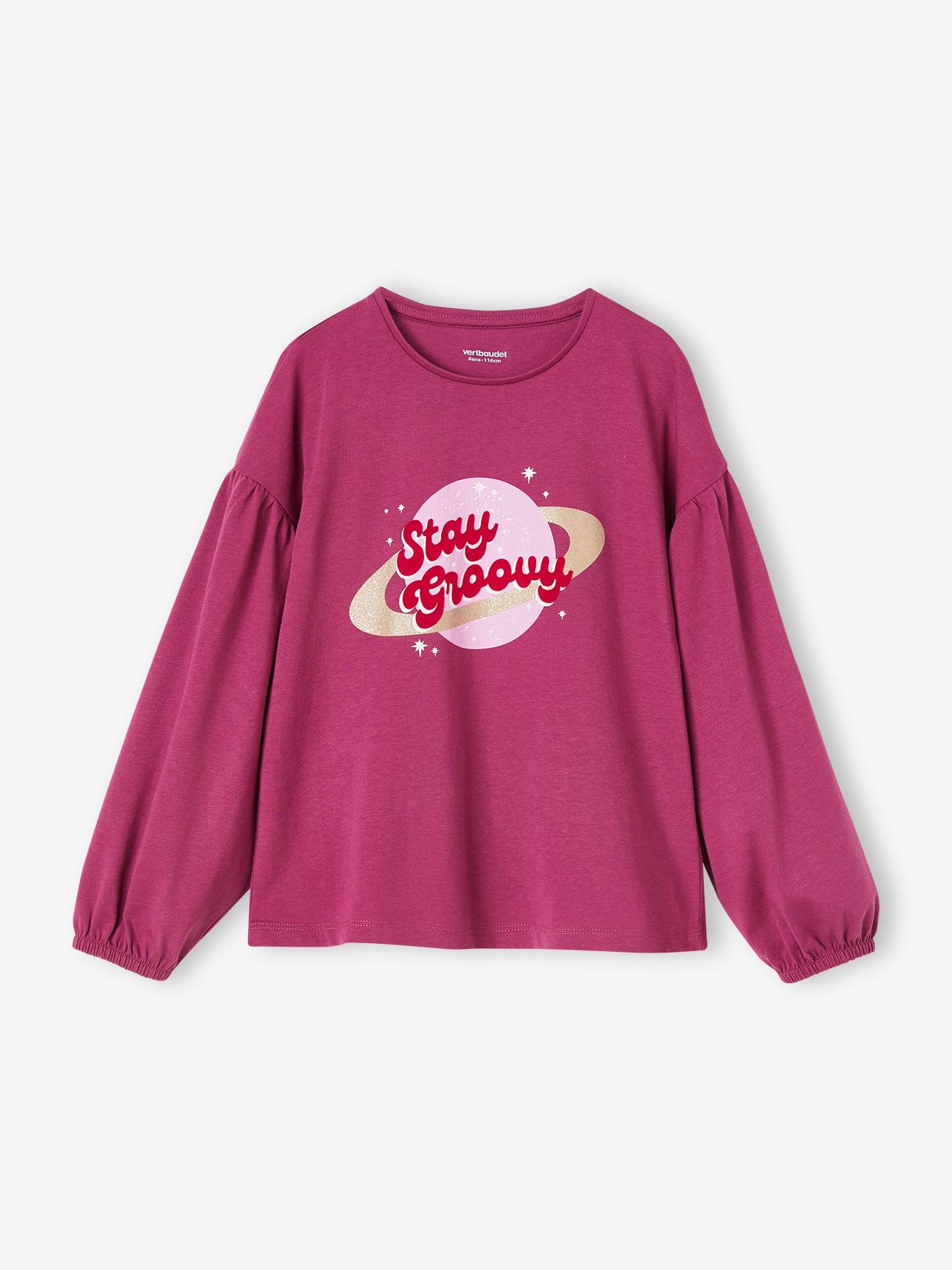 Camiseta azul marinho com detalhes brilhantes e texto em veludo para meninas.