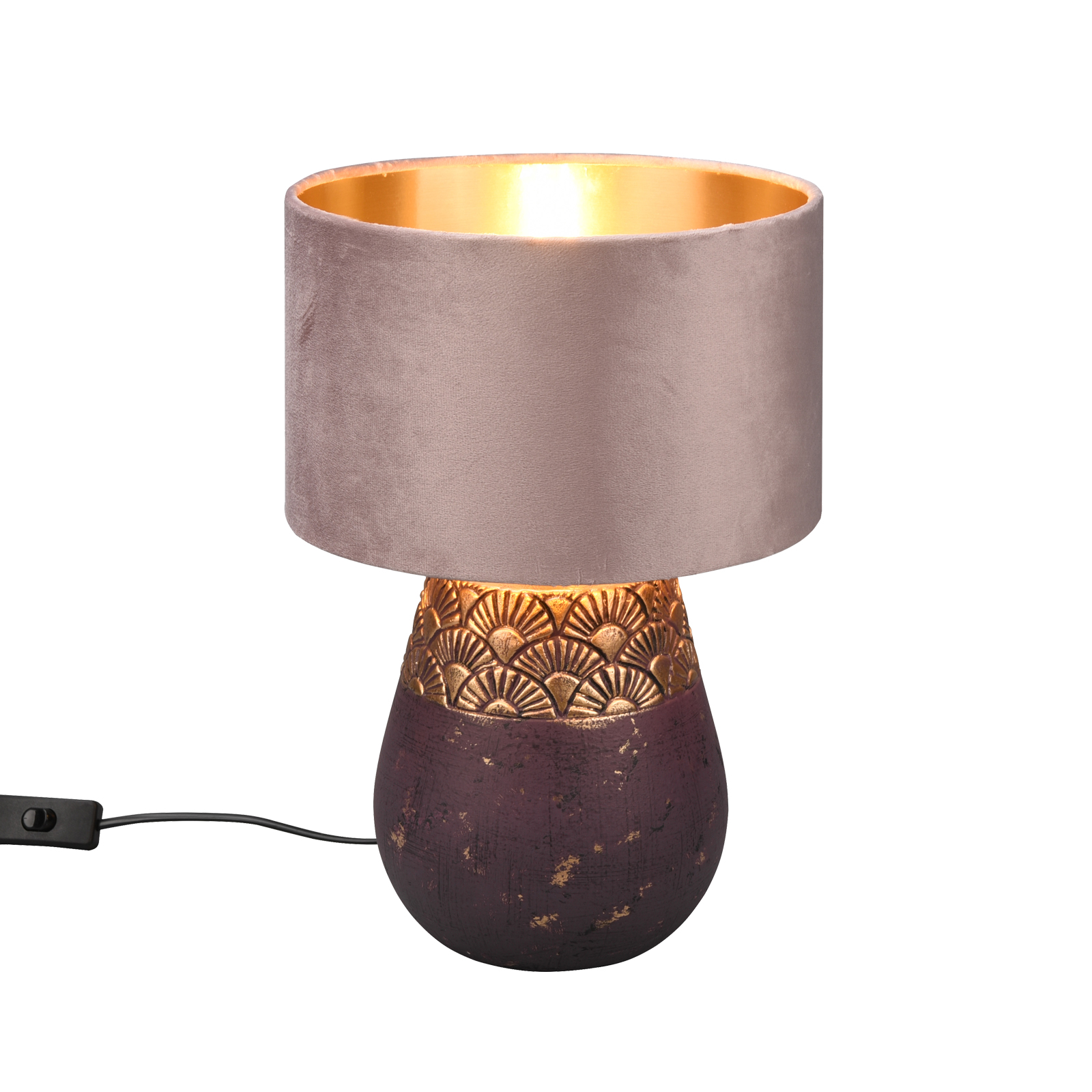 Tischlampe - rosé-braun - Samt - Keramikfuß - 26 cm Ø