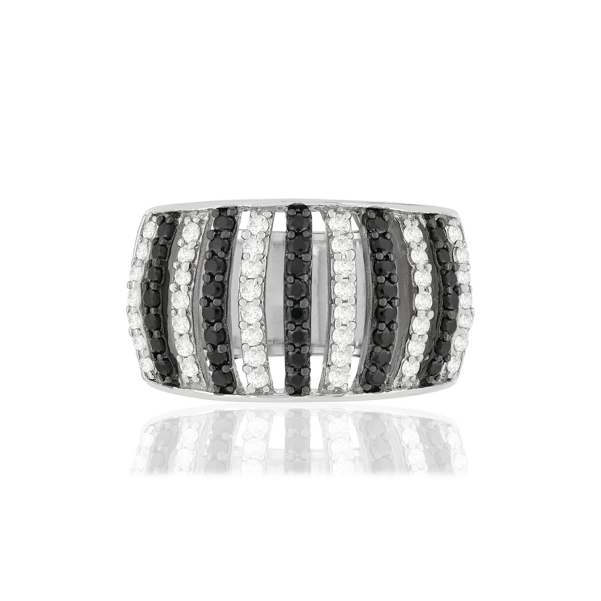 Bague argent 925 et ruthénium noir, spinelles noires et zirconias