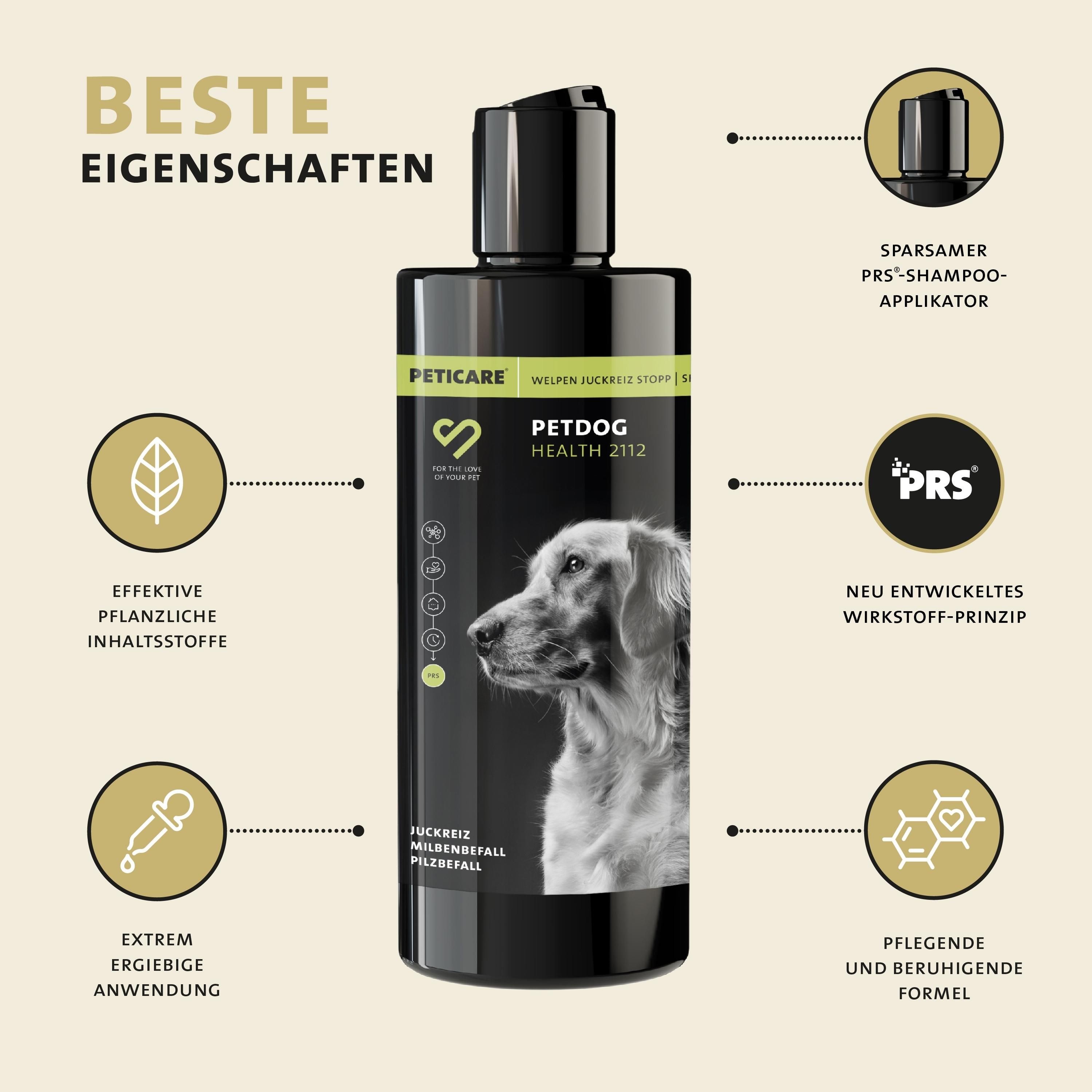 Peticare Anti-Parasiten Welpen-Shampoo gegen Milben Flöhe Pilz, lindert Juckreiz