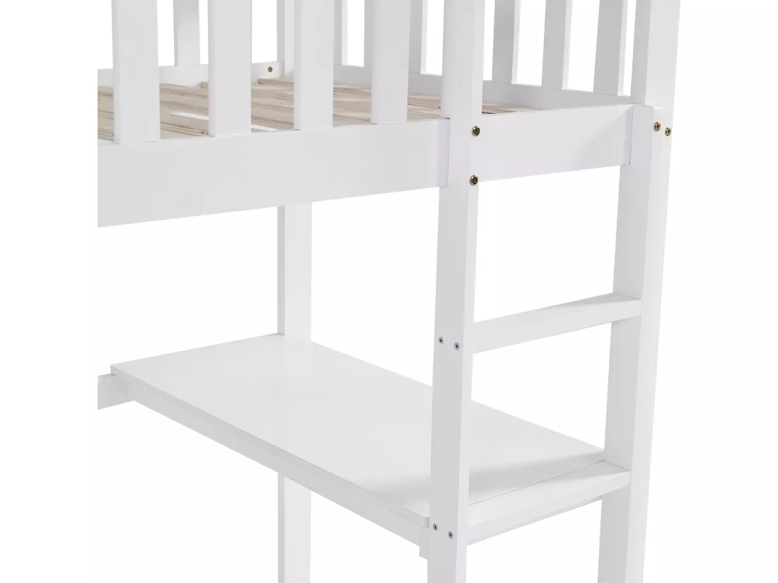 Lit superposé 90x200cm en bois massif - avec une table et échelle - Blanc