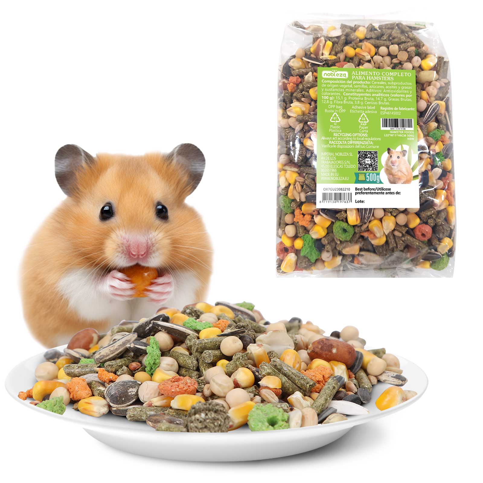 Nobleza - (500g) Ração Premium para Hamsters Anões, Alimento Saudável e Saboroso para Ratos, Desgaste Dentário e Saúde Dental