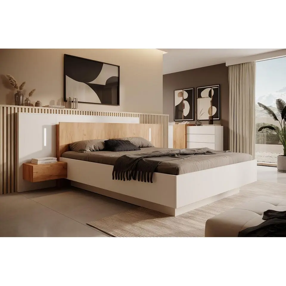 Meubella - Tweepersoonsbed Three - Wit - Eiken - 160x200 cm