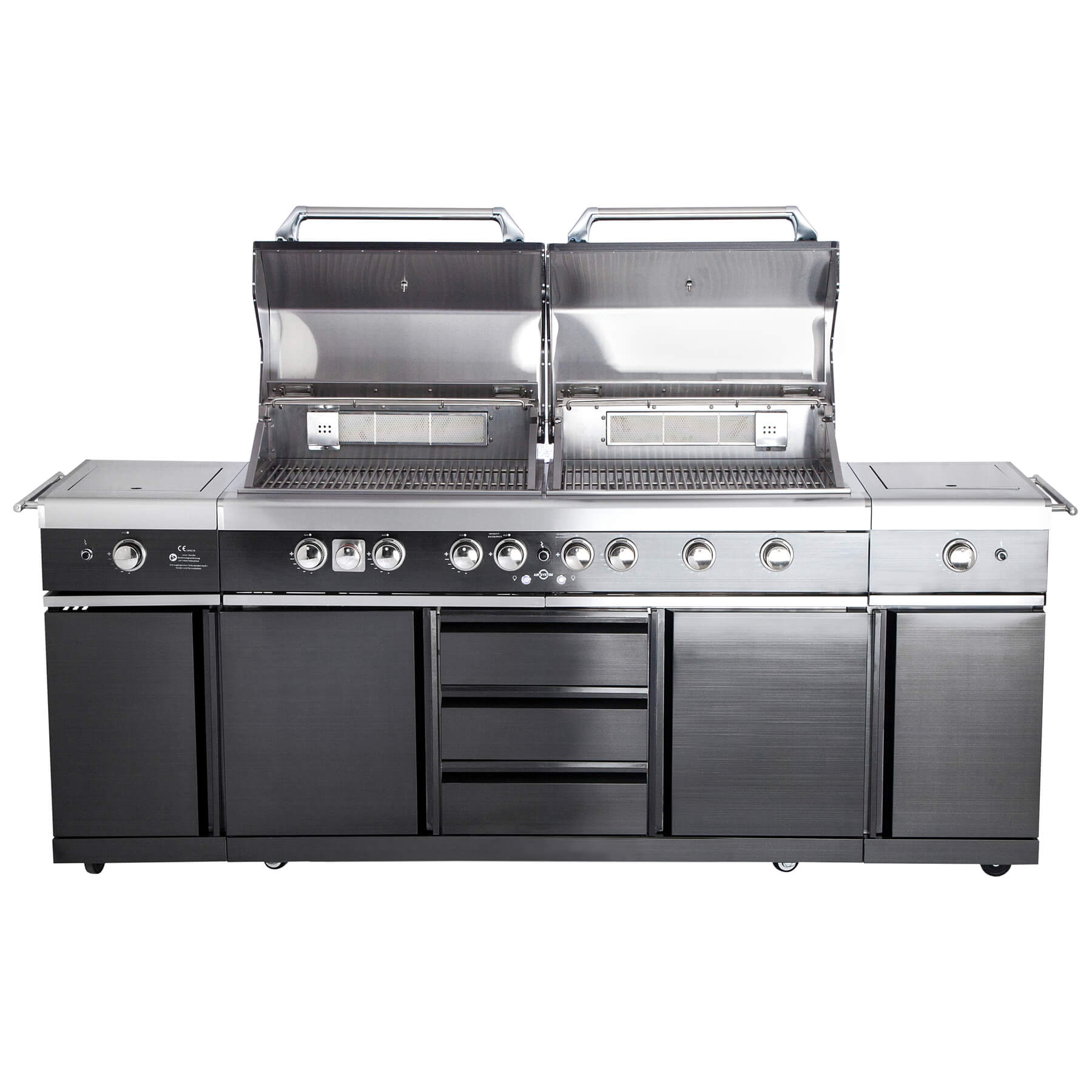 Voll-Edelstahl Außenküche ALL'GRILL EXTREM BLACK-Line Steakzone® mit 34,7 kW Leistung, 6-flammig, inkl. Seitenkocher und Air System