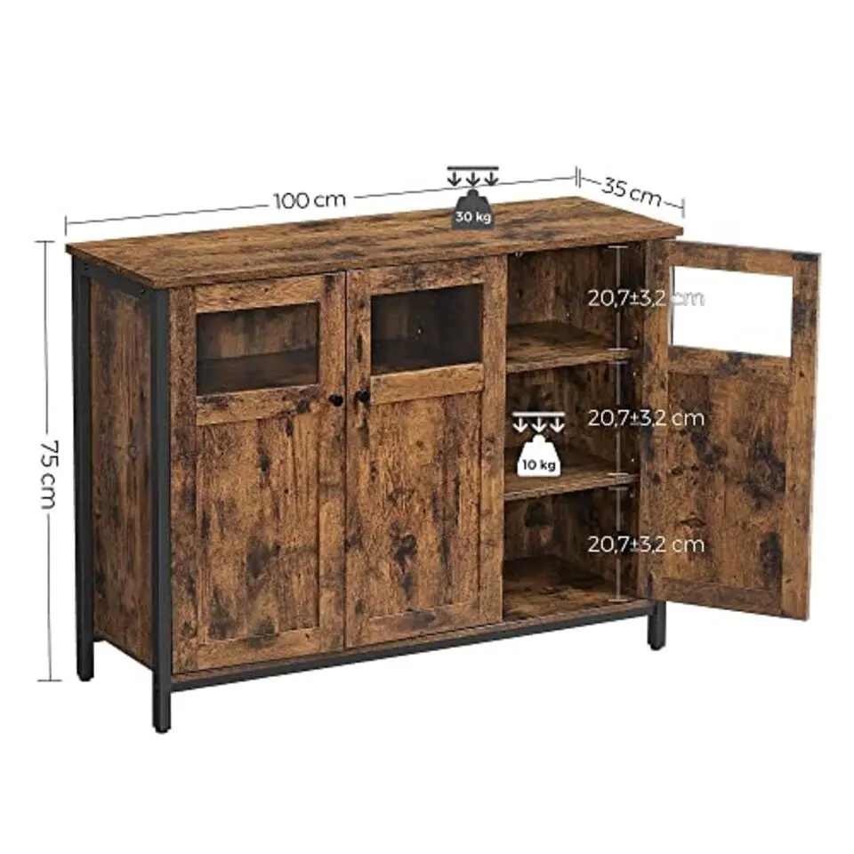 Vasagle Dressoir in industriële stijl met glazen deuren, rustiek bruin en zwart