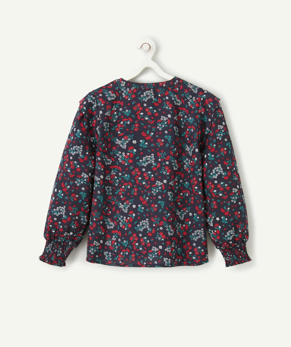 BLOUSE FILLE EN COTON BLEU MARINE ET IMPRIMÉE FLORAL ROUGE ET VERT