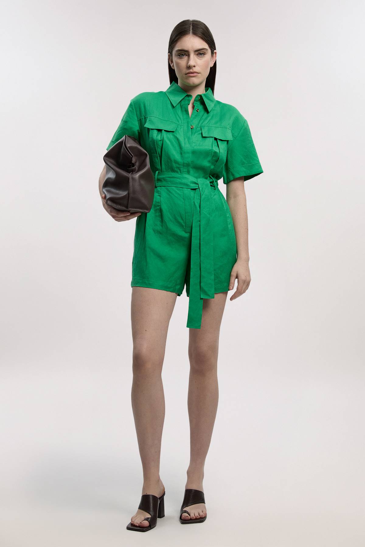KarenMillen Combi-short Ceinturée en Lin Viscose Tissé