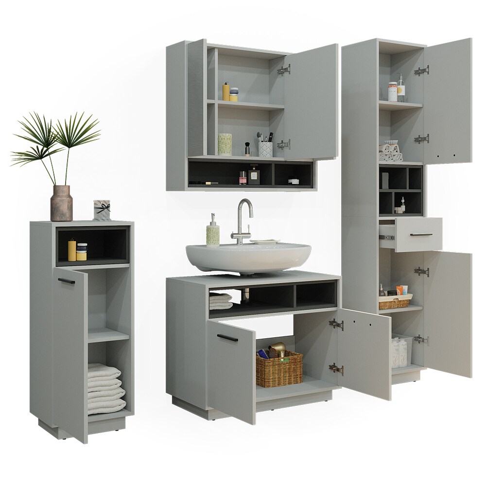 Vicco Badmöbel-Set Badezimmer-Möbel Bad-Schrank Beatrice Grau Anthrazit modern Badezimmerschrank Waschtischunterschrank Spiegelschrank Midischrank Hochschrank Schranktür Schrankfach