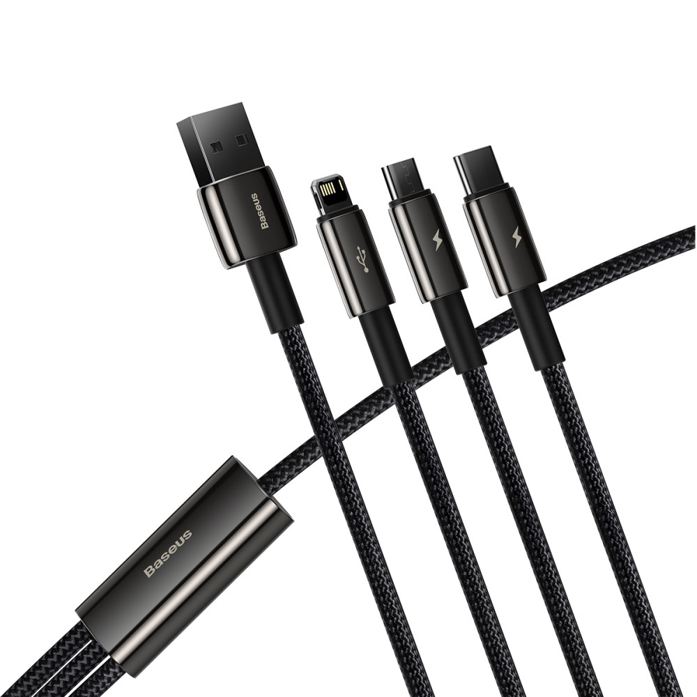 (1.5m) 3.5A 3in1 USB A auf Lightning / Micro USB / USB C Ladekabel Nylon Geflecht - Schwarz (Hochglanz)