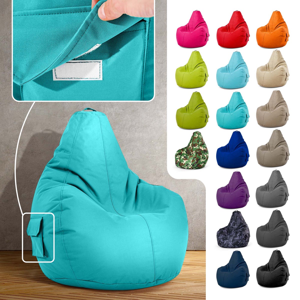 Green Bean Zitzak met rugleuning 80x70x90cm - Gaming stoel met 230L vulling, knuffelzacht, wasbaar - Zitzak vloerkussen, loungestoel, voetenbank, relaxstoel, gamerstoel, aquamarijn