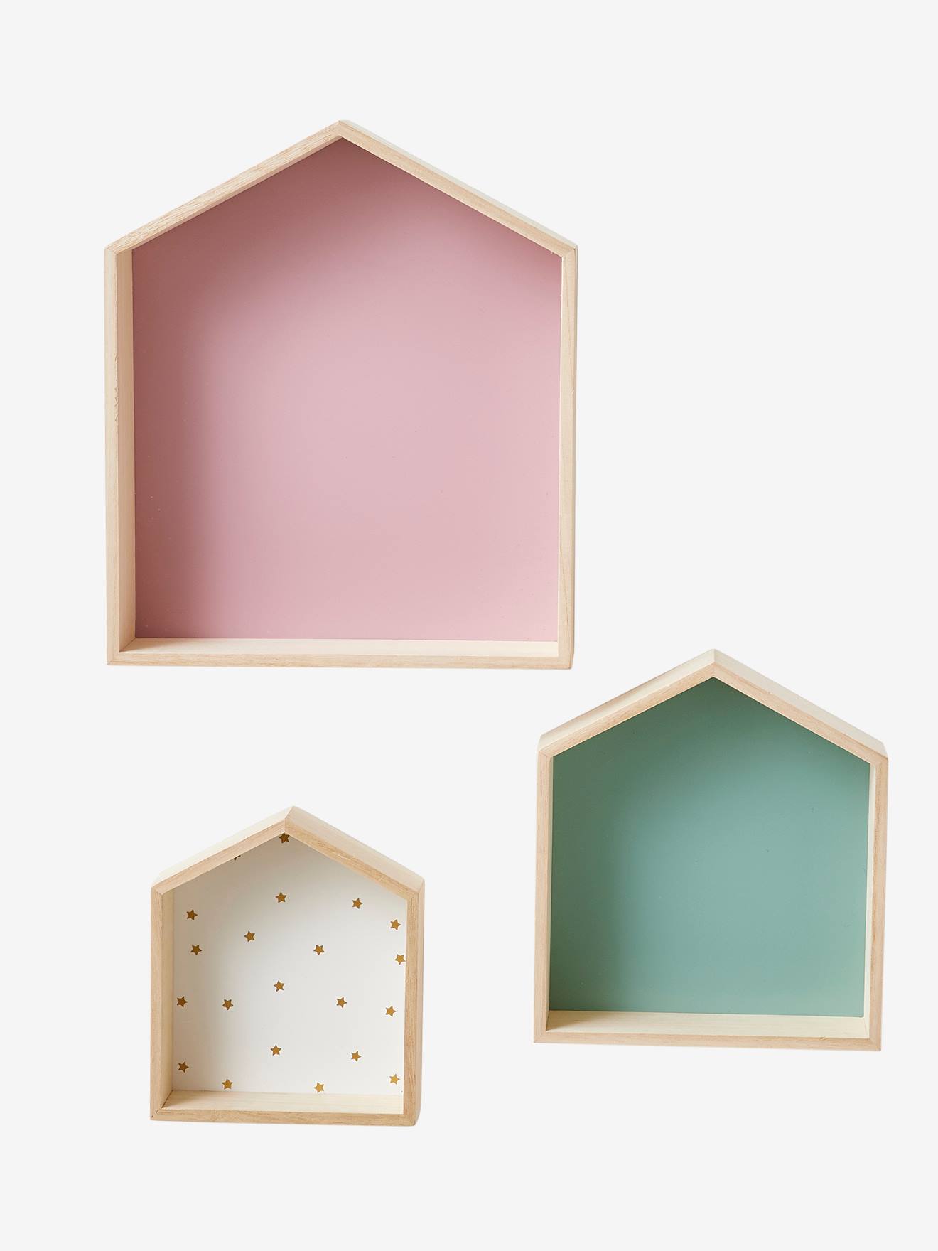 Conjunto de 3 prateleiras de madeira multicoloridas em formato de casa.