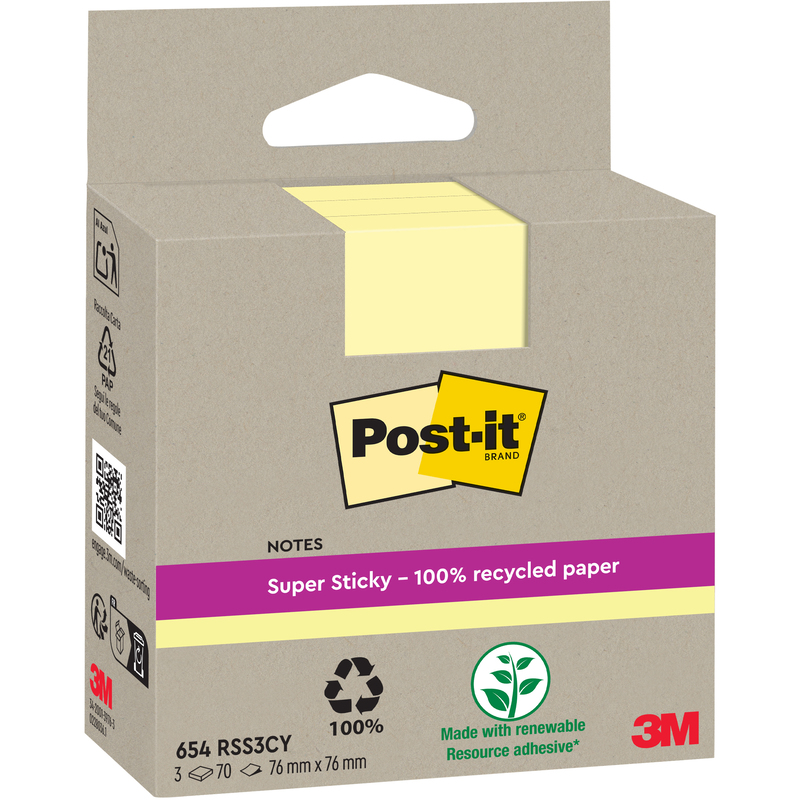 Post-it Haftnotizen Super Sticky Recycling, gelb, 76 x 76 mm, 3 x 70 Blatt