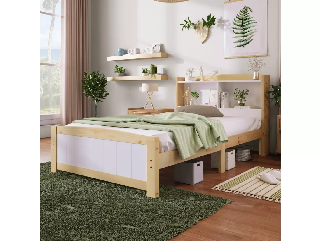 Lit avec tête de lit rangements et matelas - 90x200cm - en bois massif - lit 1 place - Blanc et Naturel