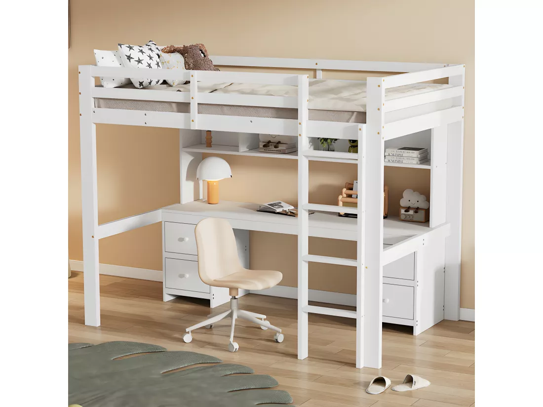 Lit mezzanine 90x200cm - avec bureau et 2 commodes - en pin massif et MDF - Blanc