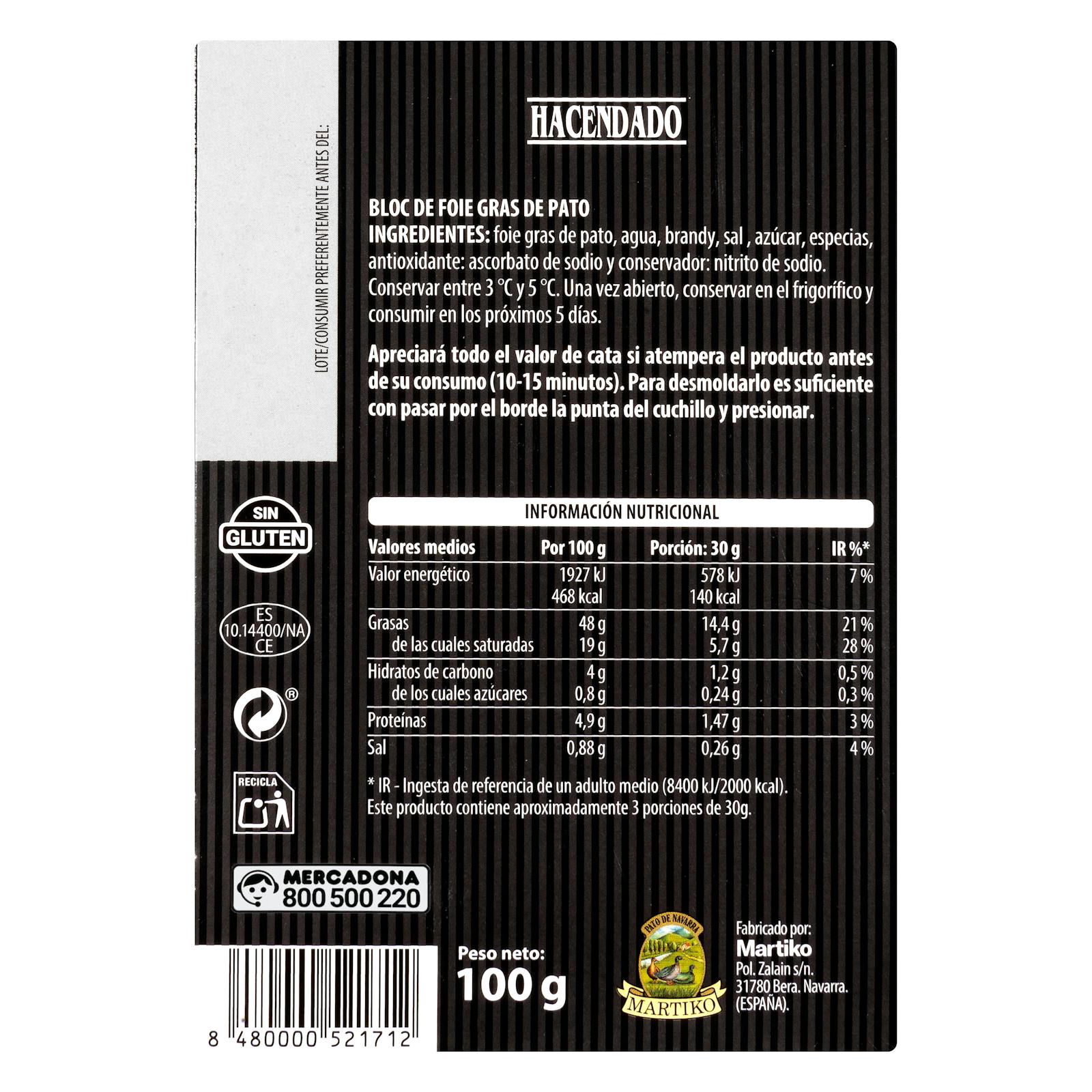 Bloc de foie gras de canard Hacendado