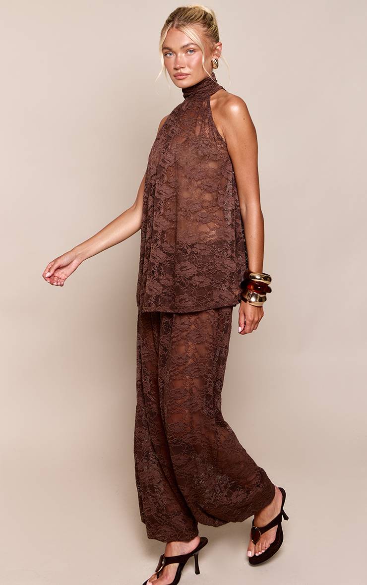 Marron Ensemble Pantalon Ballon En Dentelle Transparente